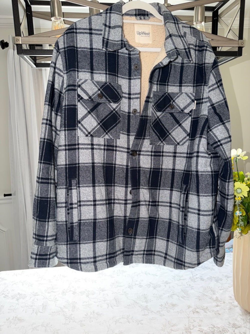 UpWest Men's Navy and Gray Plaid Sherpa-Lined Button Shirt